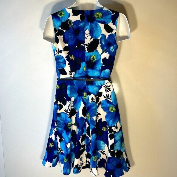 AB Studio SZ 10 Tropical Print Blues Fit & Flare Dress Career Dressy or Casual - Picture 5 of 9